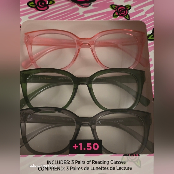 Betsey Johnson 3-pair reading glasses set in +1.50 magnification NIB - Picture 2 of 9